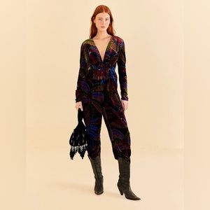 Farm Rio midnight island v neck velvet jumpsuit